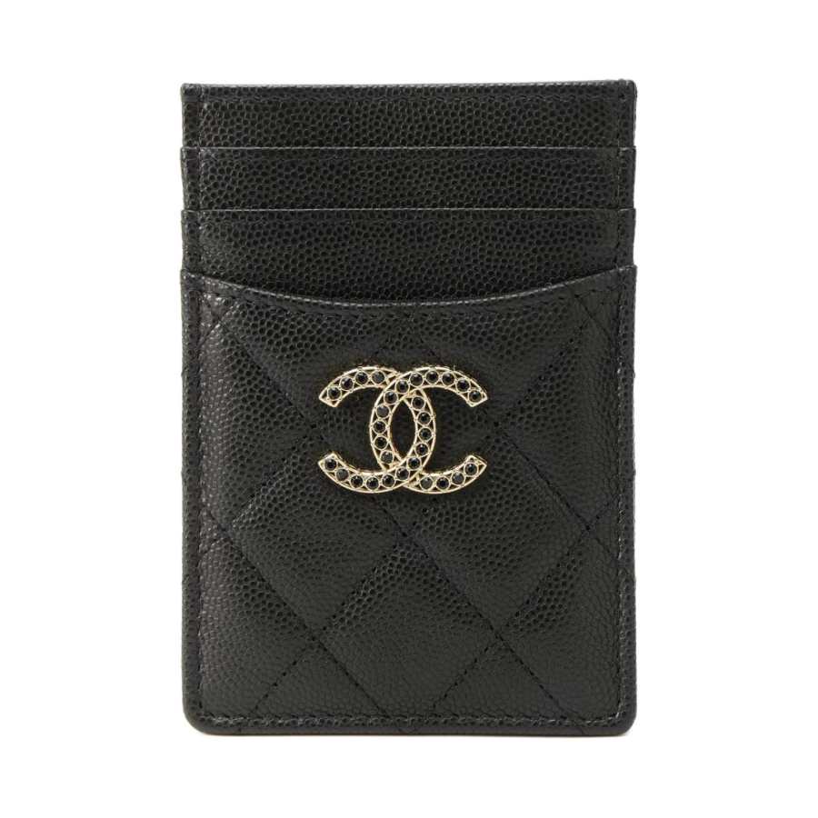 CHANEL Bright Grain Caviar Cow Leather Card Holder Women's Black