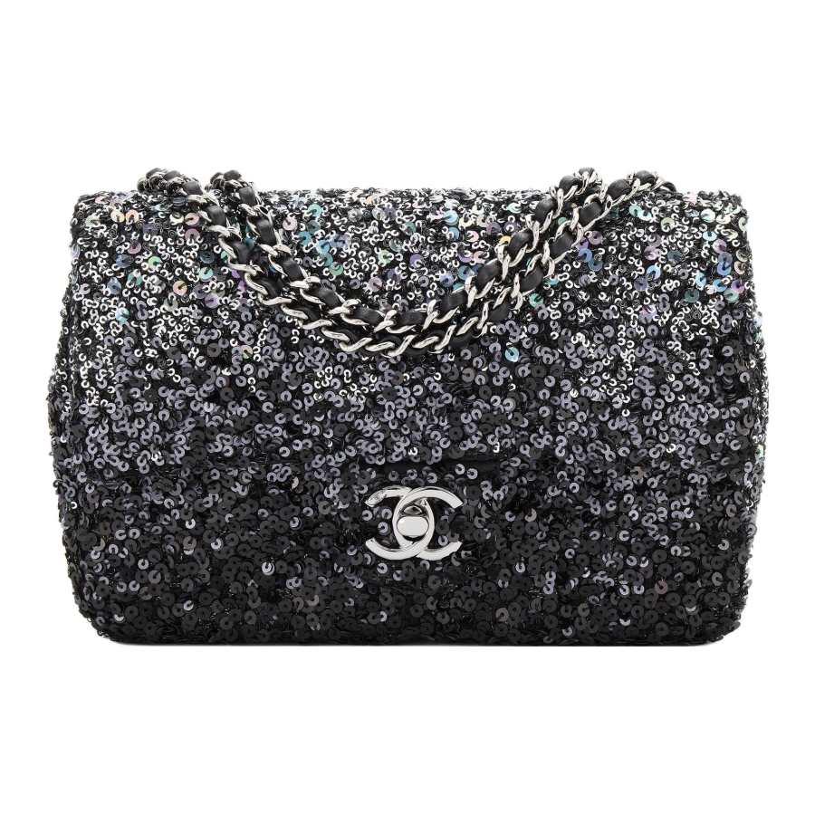 CHANEL Classic Flap CF Leather With Sequins Flap Bag, Crossbody Bag, Shoulder Bag Women's Black Sequins