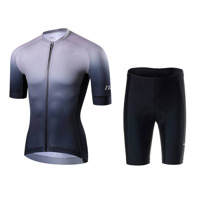 Li-Ning Li Ning Cycling Suits Unisex Clothing Sets Gray Black Gradient Short Sleeved+Black Shorts Crew Neck Thin