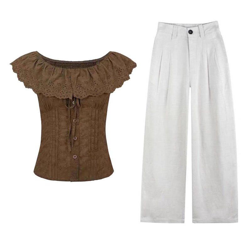 MARIE·COCO Casual Suits Women's Brown Top+Brown Pants Peter Pan Collar Moderate Short