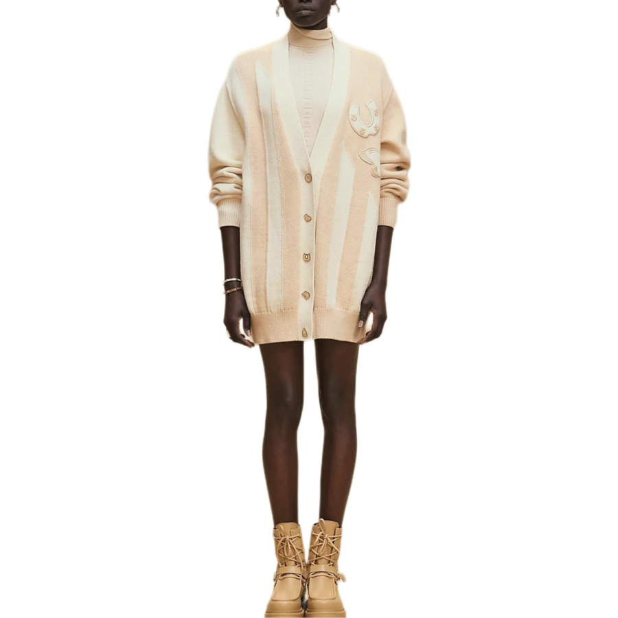 HERMES Knitwear Women's Natural White V Neck Moderate Cardigan
