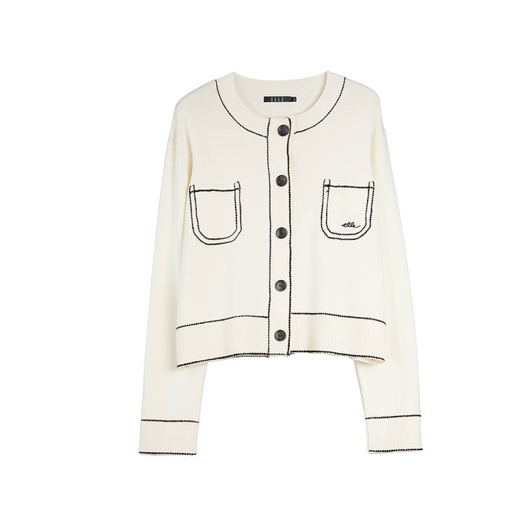 ELLE Knitwear Women's Ecru Crew Neck Moderate Cardigan