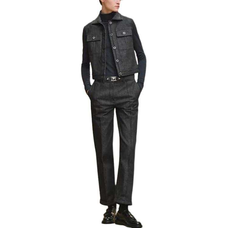 HERMES Vests Women's Charcoal Gray Lapel Moderate Denim