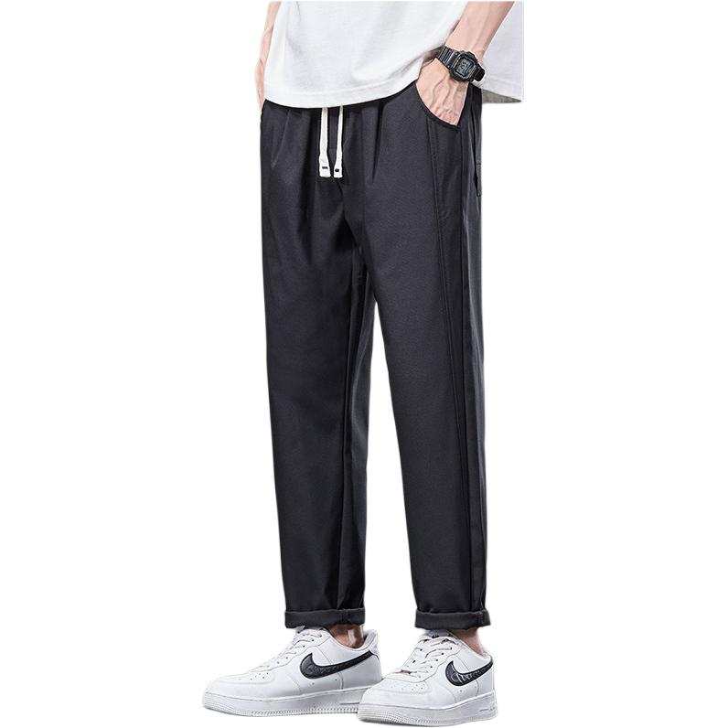 Tonlion Casual Pants Unisex Black Thin Straight Fit Pants
