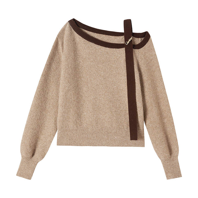 XIANGYING Knitwear Women's Beige Coffee Asymmetrical Collar Moderate