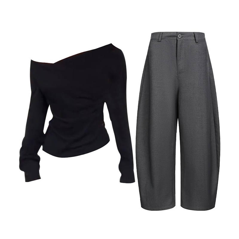 MARIE·COCO Casual Suits Women's Black Top+Pants Asymmetrical Collar Moderate Short