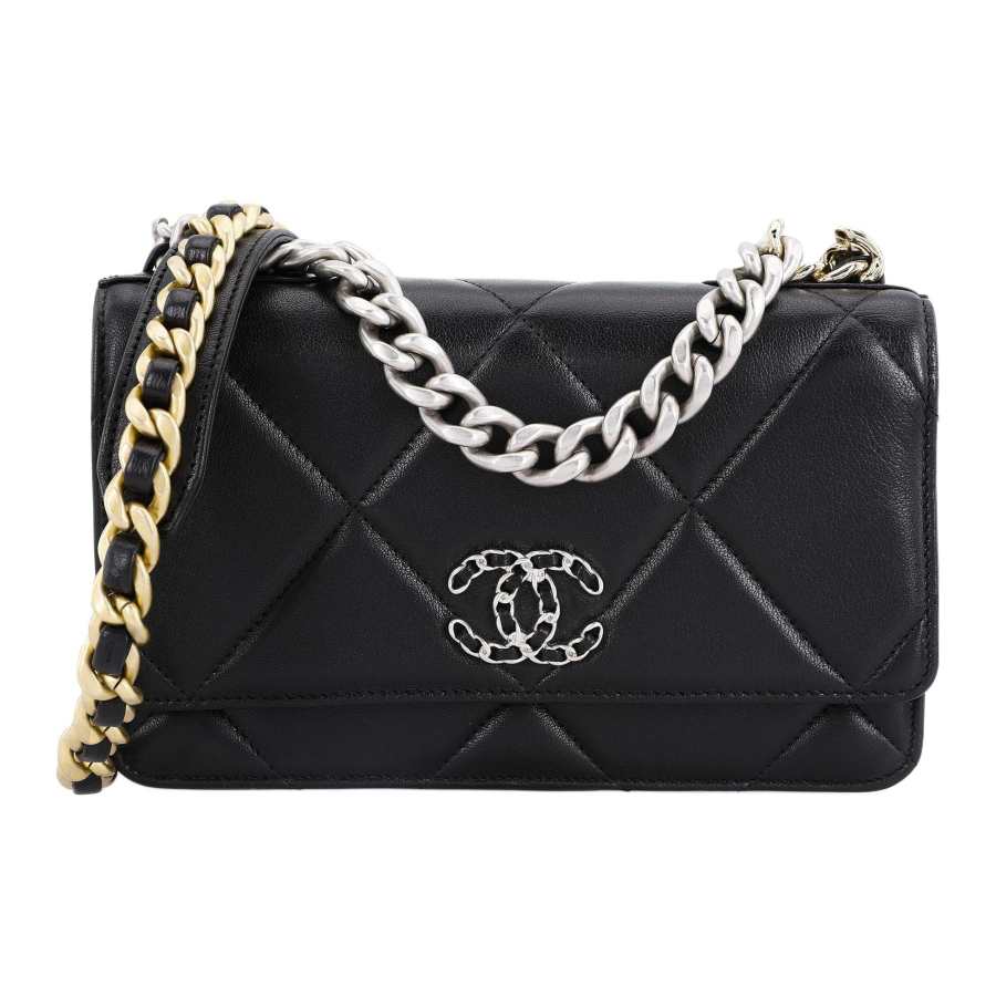 CHANEL 19Bag Shiny Lambskin, Gold & Silver & Platinum Metal Crossbody Bag Mini Women's Black