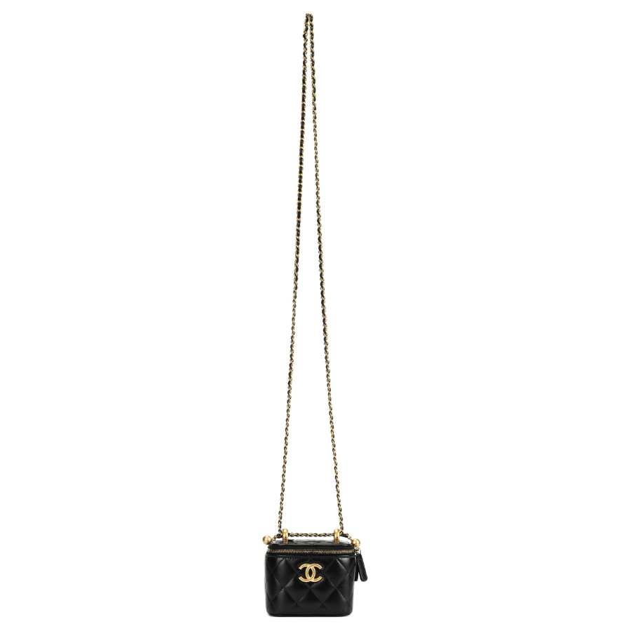 CHANEL Smooth Finish Calfskin & Gold Metal Crossbody Makeup Bag Small Women's Black