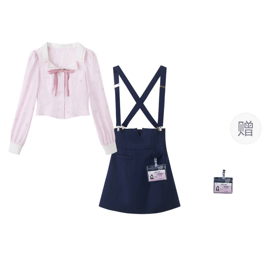 FABRIC PIG Two Piece Skirt Sets Women's Pink Shirt+Dark Blue Overalls V Neck Thin Short
