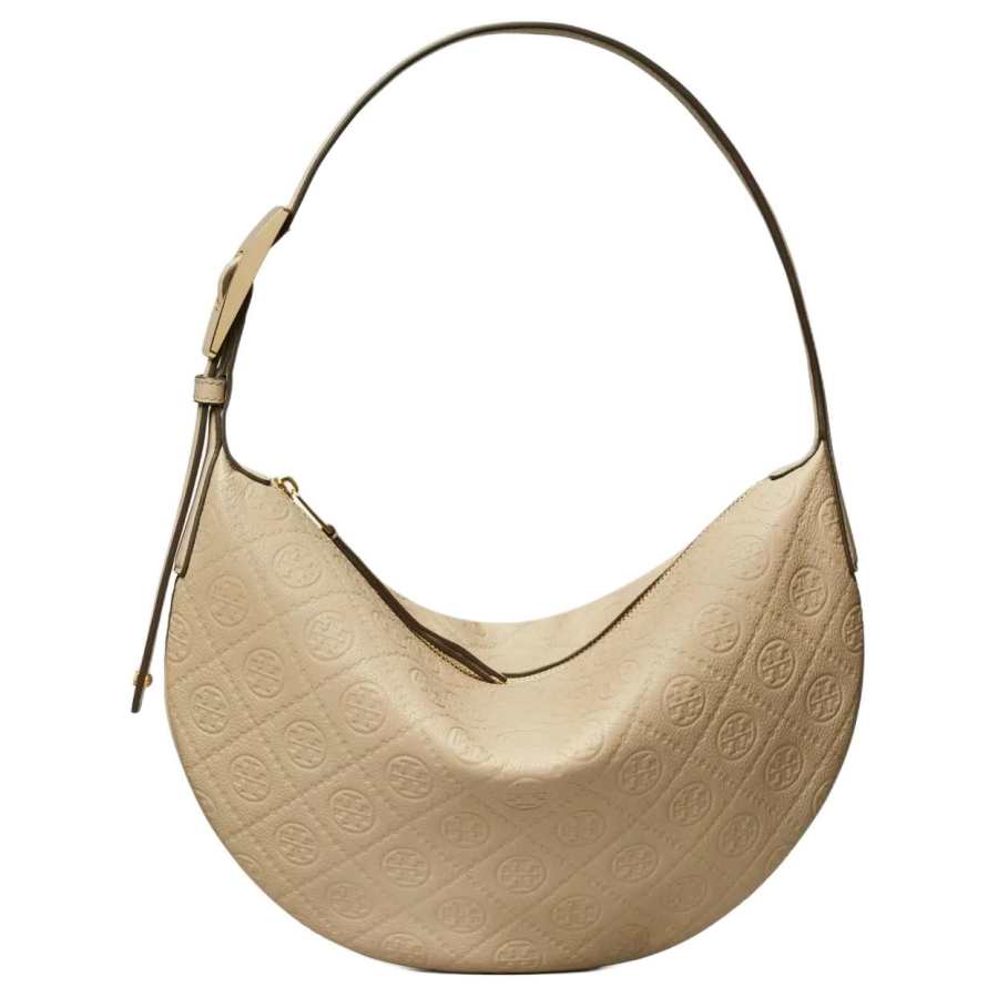 TORY BURCH T Monogram Zip Closure Cow Leather Shoulder Bag Small Unisex Clay Gray