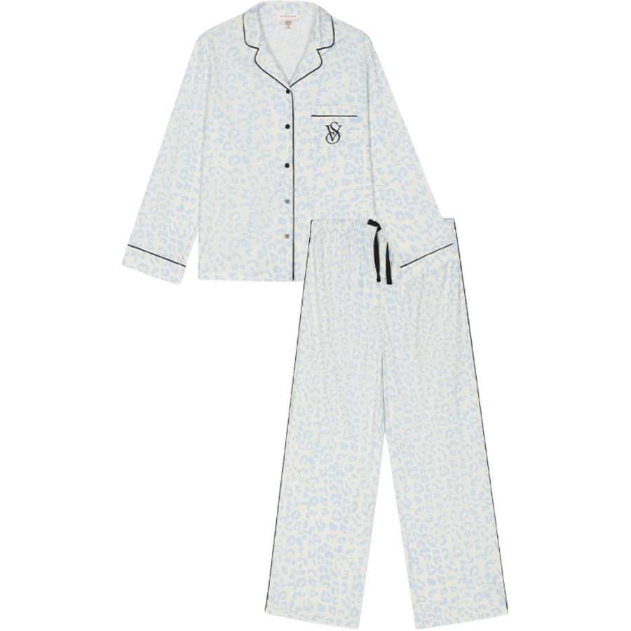Victoria's Secret Pajama Set Brushed Texture Lightweight Warm Women's Blue Leopard Print