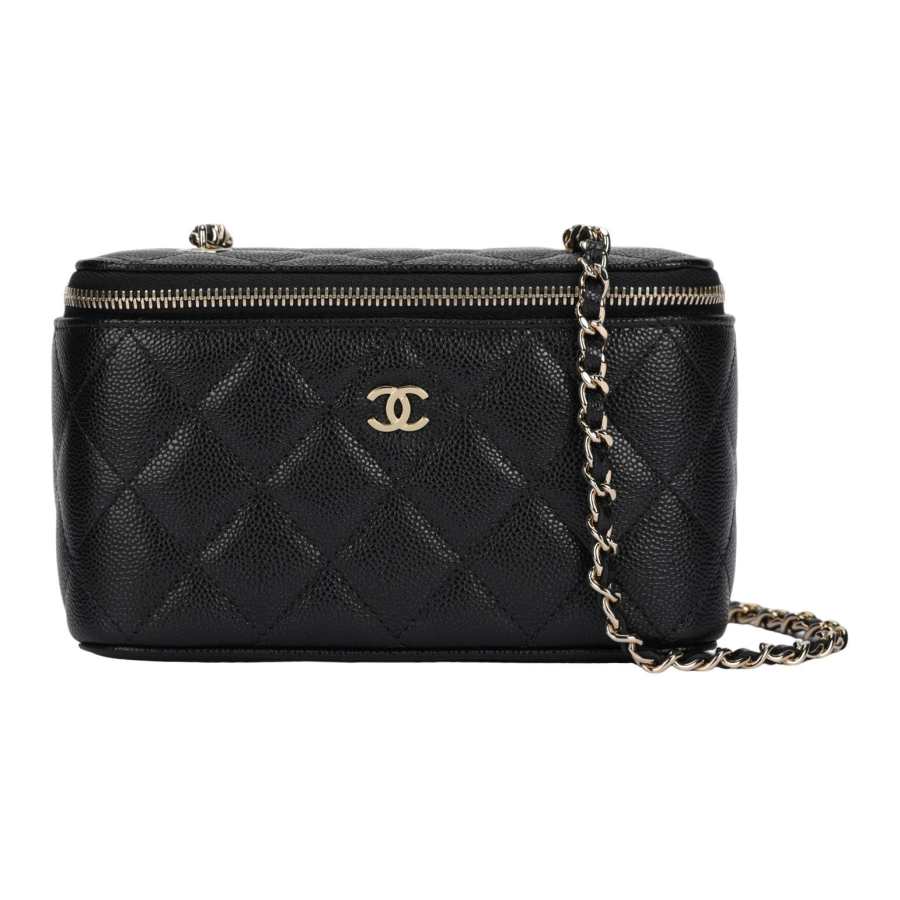 CHANEL Litchi Grain Cow Leather Makeup Bag, Shoulder Bag, Crossbody Bag Unisex Black