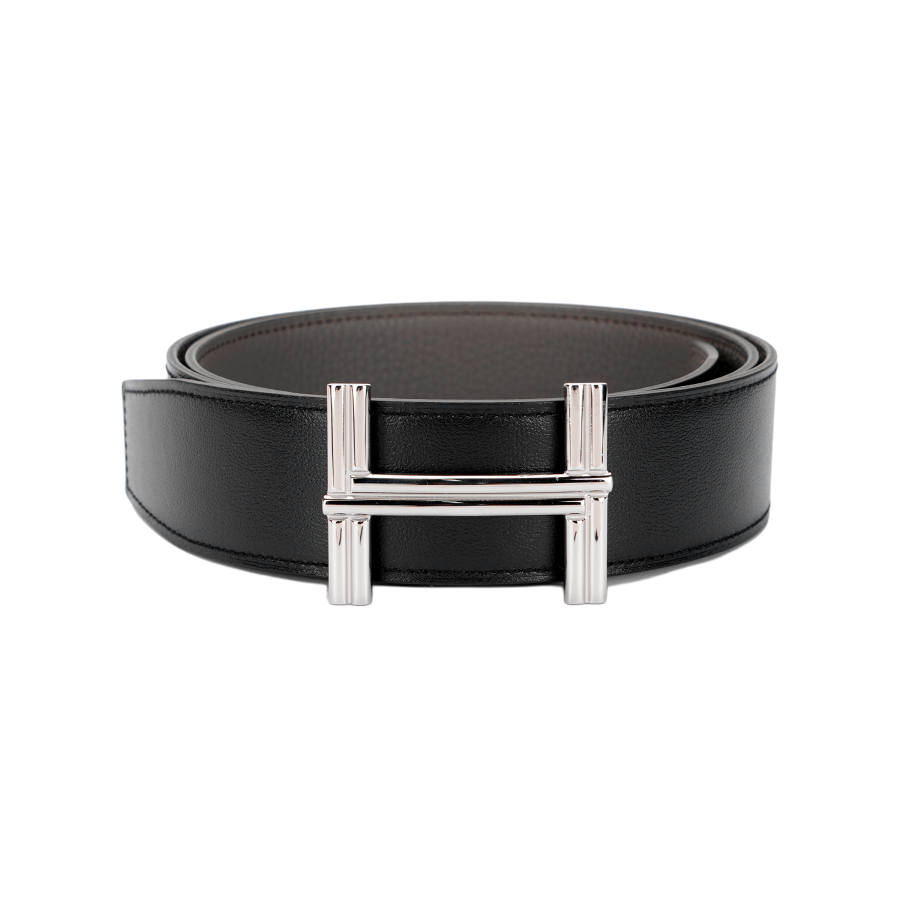 HERMES Strap Leather Stainless Steel Calfskin Leather Belts Men's Width 3.8cm