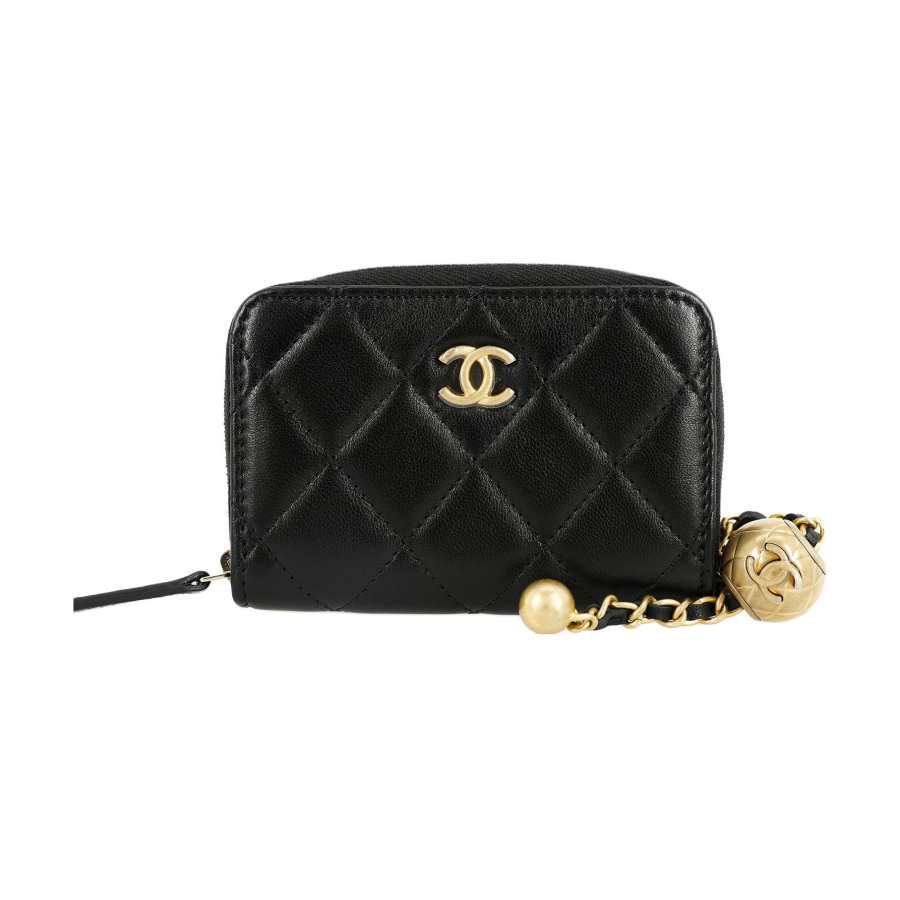 CHANEL Little Golden Ball Lambskin Card Holder, Coin Purse Mini Women's Black