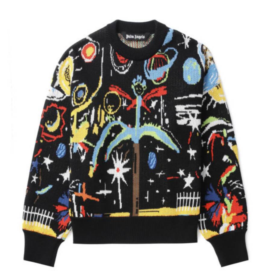 PALM ANGELS Knitwear Men's Floral Black Crew Neck Moderate