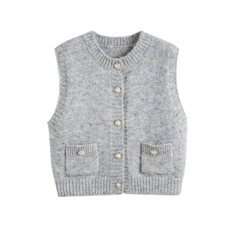 Tonlion Vests Women's Heather Gray Crew Neck Moderate Cardigan