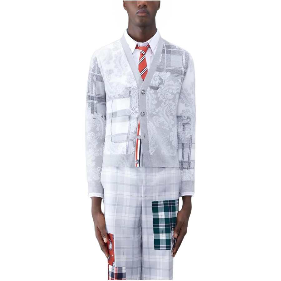 THOM BROWNE THOM BROWNE· Fun Mix Tartan Merino V Neck Cardigan Knitwear Men's Gray
