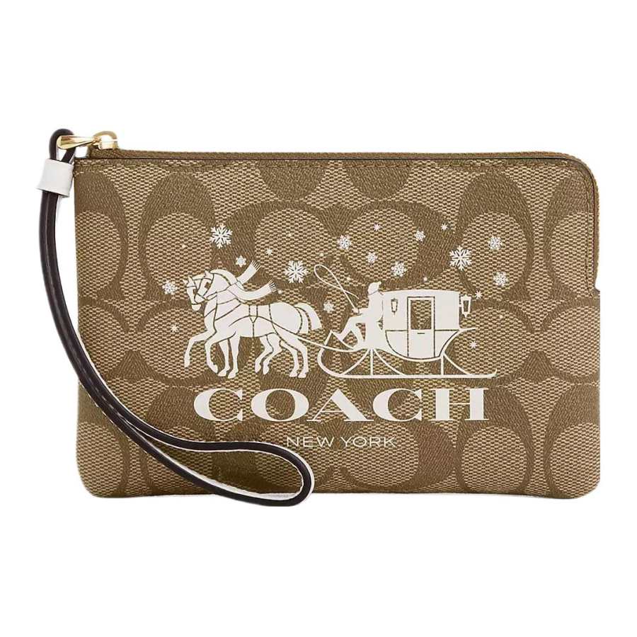 COACH Corner Zip Coated Canvas With Smooth Leather Clutch Mini Women's Gold & Khaki & Chalk