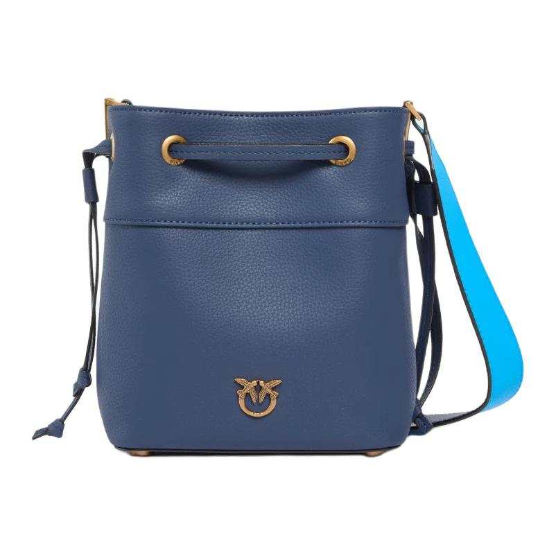 PINKO Love Birds Grained Calfskin Bucket Bag, Shoulder Bag Small Women's Blue