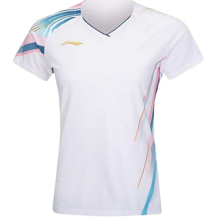 Li-Ning Li Ning T Shirts Women's Standard White V Neck Moderate Straight Fit