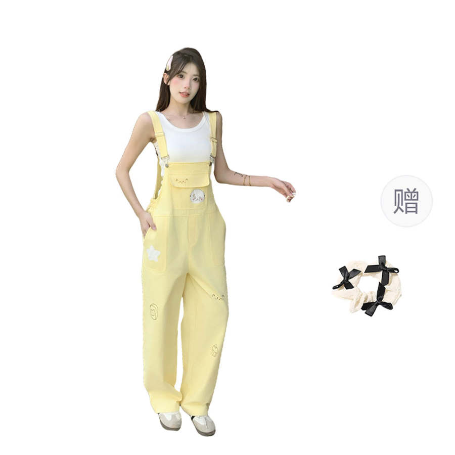 CPAURA Overalls Women's Yellow+Bowknot Hair Tie Comes With Moderate Straight Fit Pants