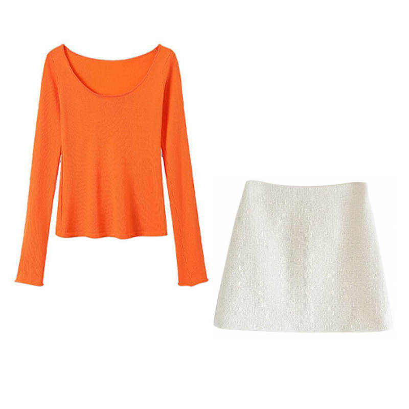 MARIE·COCO Two Piece Skirt Sets Women's Orange Top+Skirt Asymmetrical Collar Moderate Short