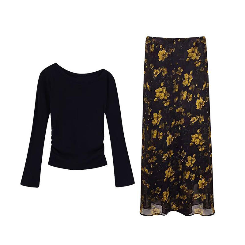 MARIE·COCO Two Piece Skirt Sets Women's Black Top+Skirt Asymmetrical Collar Moderate Long