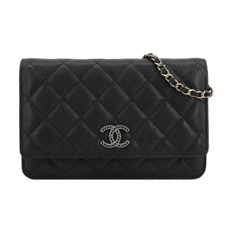 CHANEL Grain Calfskin Rhinestone Shoulder Bag, Crossbody Bag, Wallet Women's Black
