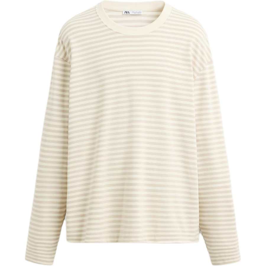 ZARA T Shirts Men's Beige Crew Neck Moderate