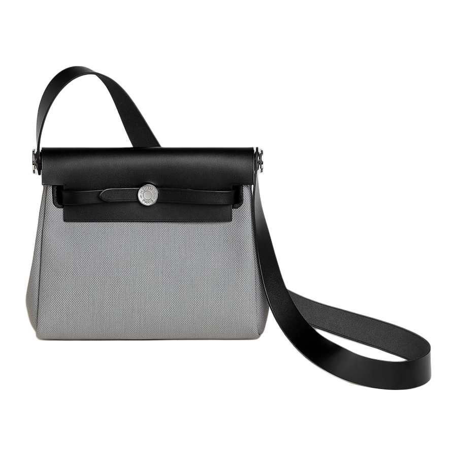 HERMES Herbag Zip Militaire Canvas With Hunter Cow Leather Shoulder Bag, Crossbody Bag, Handbag 20 Women's Black & Gray
