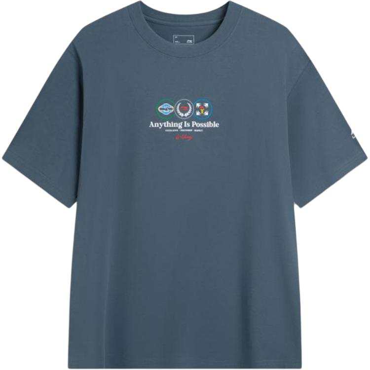 Li-Ning Li Ning T Shirts Men's Dark Blue Crew Neck Moderate Straight Fit