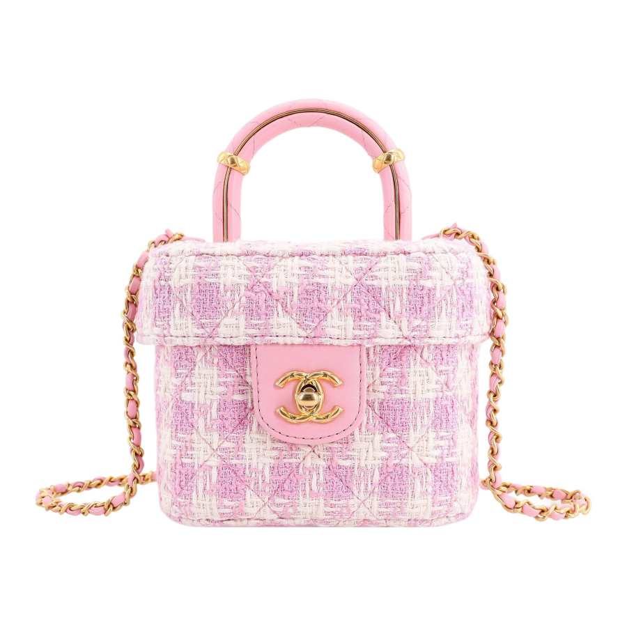 CHANEL Soft Tweed Material Gold Metal Portable One Shoulder Crossbody Makeup Bag Small Women's Pink & Ivory