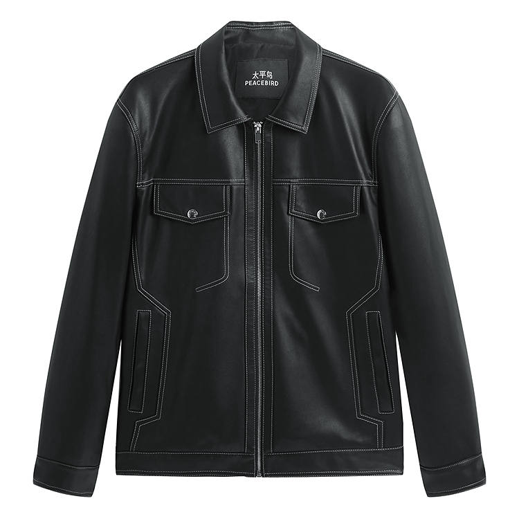 PEACEBIRD MEN Color Block PU Leather Jacket With Visible Stitching Men's
