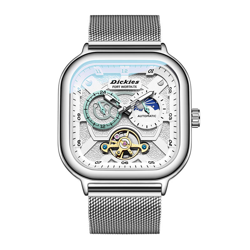 Dickies Free Engraving Custom Photo Sun, Moon, And Stars Wrist Watches Mechanical Movement Steel Strap Silver Dial