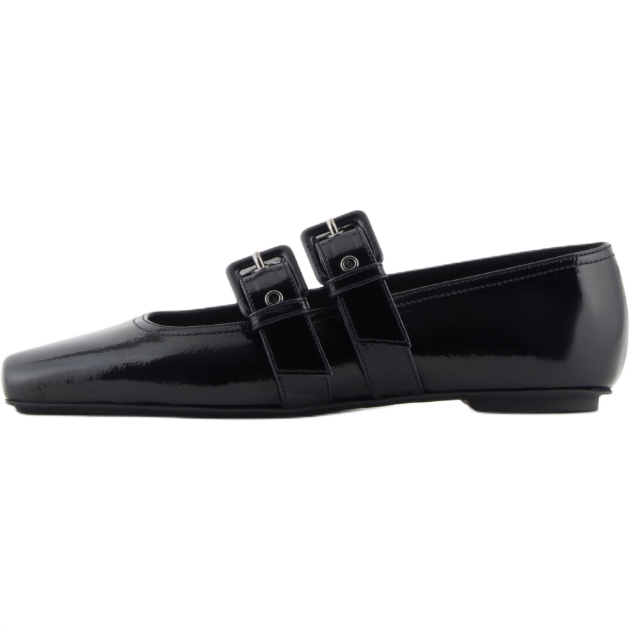 EMPORIO ARMANI Patent Leather Flat Mary Jane Shoes 0.6cm Women's Black