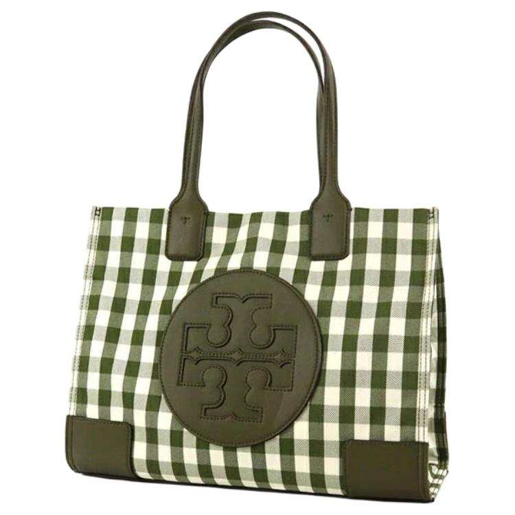 TORY BURCH Recycled Polyester Tote Bag, Shopping Bag, Handbag Mini Women's Olive Green & Ivory White Plaid