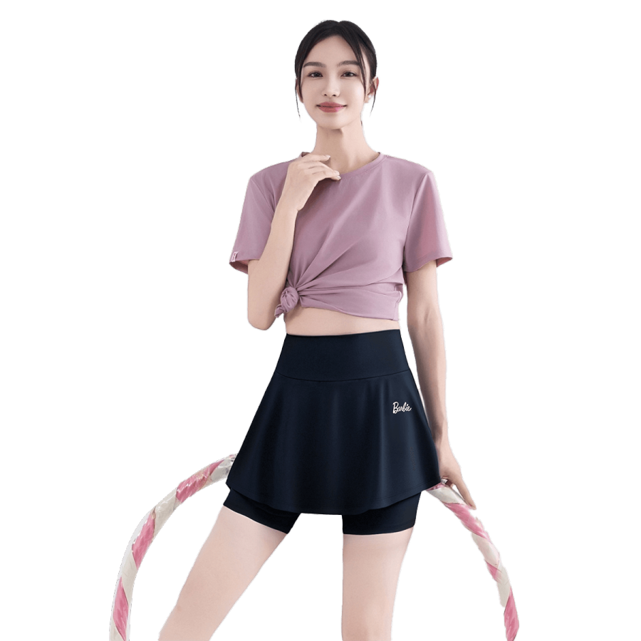 Barbie Fitness Sets Women's Pink+Black Crew Neck Thin