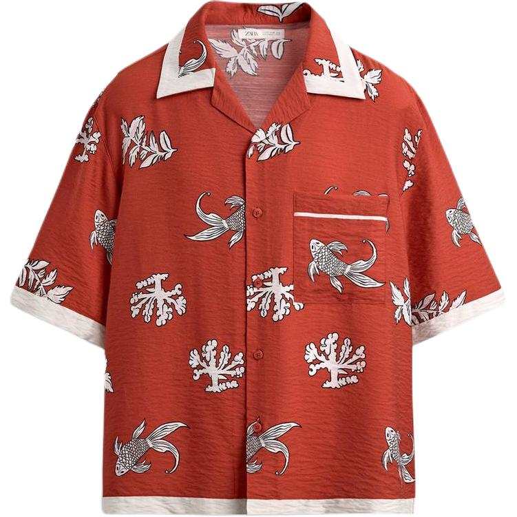 ZARA Shirts Men's Nude/Red Cuban Collar Moderate