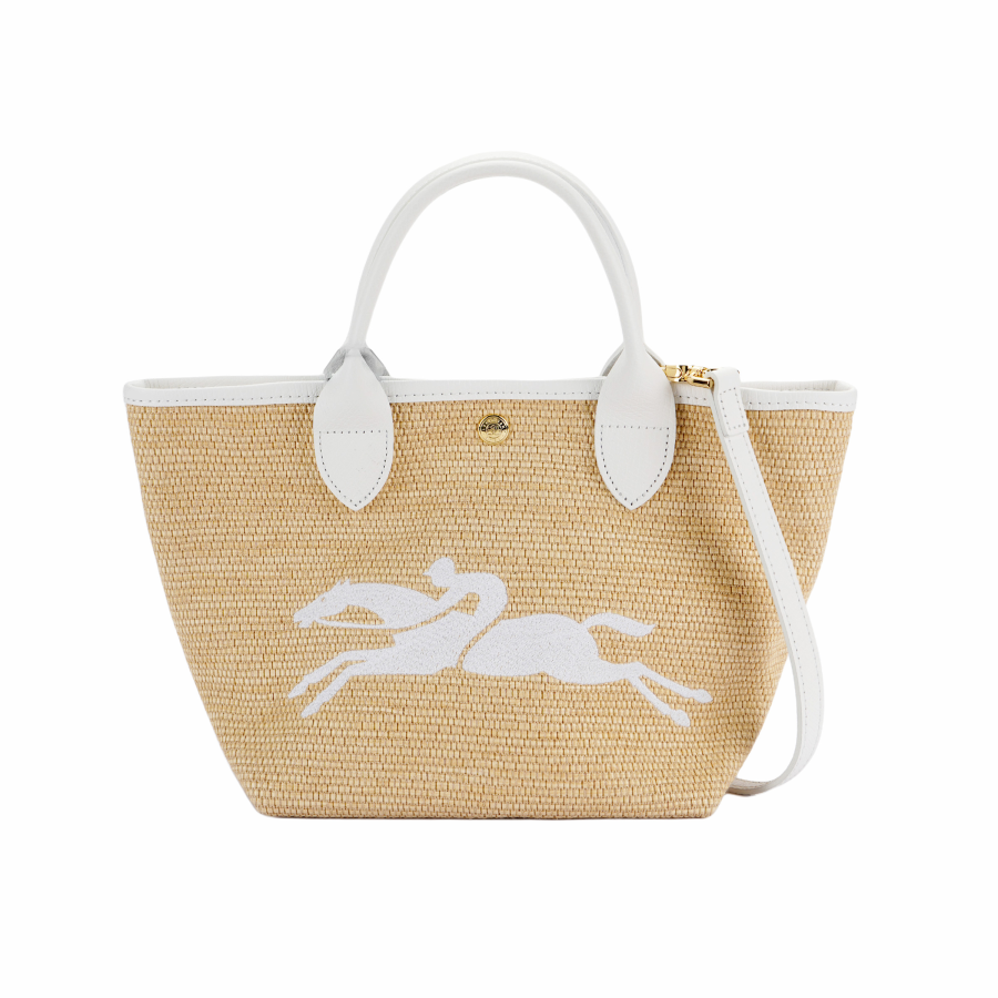 LONGCHAMP Le Panier Pliage Cow Leather Canvas With Straw Woven Shoulder Bag, Crossbody Bag, Handbag Small Women's White