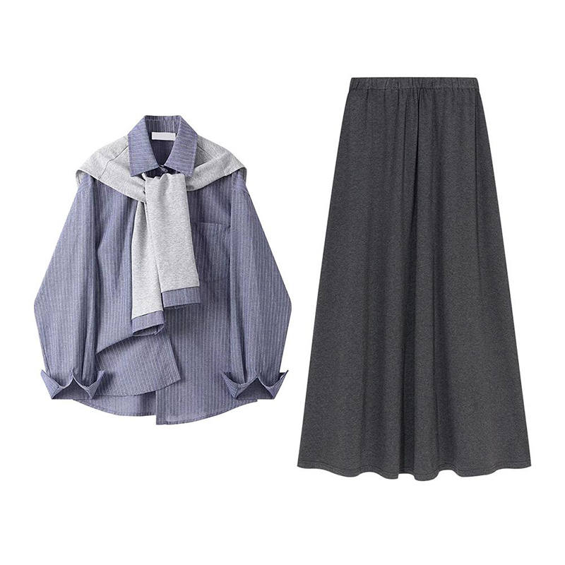 MARIE·COCO Two Piece Skirt Sets Women's Shirt+Shawl+Skirt Lapel Moderate Long