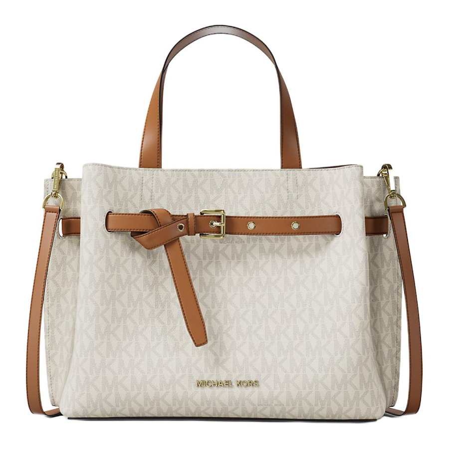 MICHAEL KORS Coated Canvas Handbag Medium Women's Vanilla White & Acorn Brown