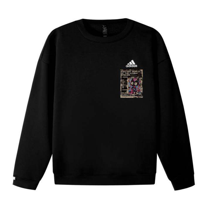 Adidas Adidas Fleece Lined Distressed Cat Label Logo Printed Pattern Crew Neck Loose Fit Drop Shoulder Pullover Long Sleeved