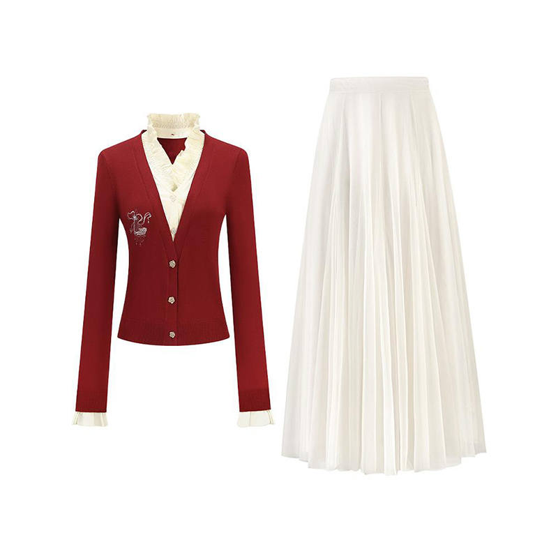 MARIE·COCO Two Piece Skirt Sets Women's Red Top+Skirt V Neck Moderate Long