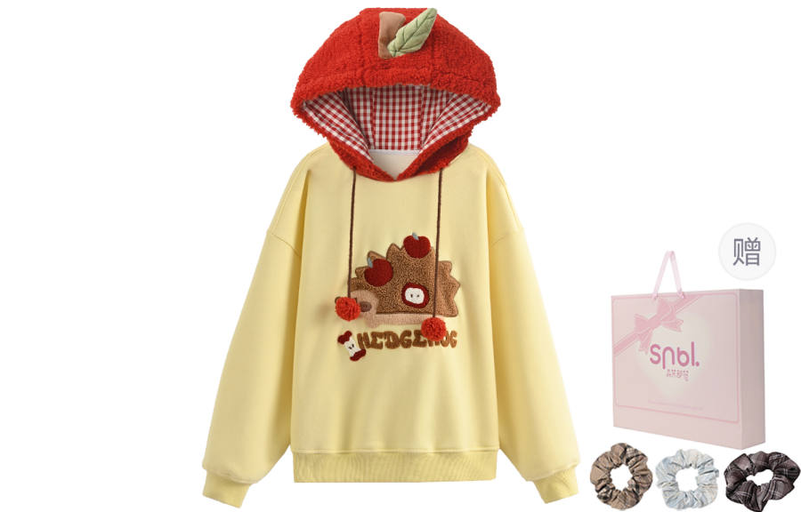 SNBL Apple Hedgehog Original Design Plaid Color Block 3D Effect Fleece Lined Top Custard Loose Fit Cute Cartoon Hooded