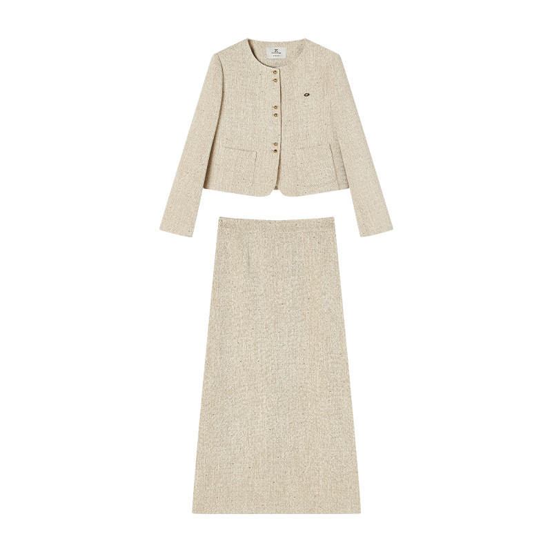 XIANGYING Two Piece Skirt Sets Women's Beige Yellow Crew Neck Moderate