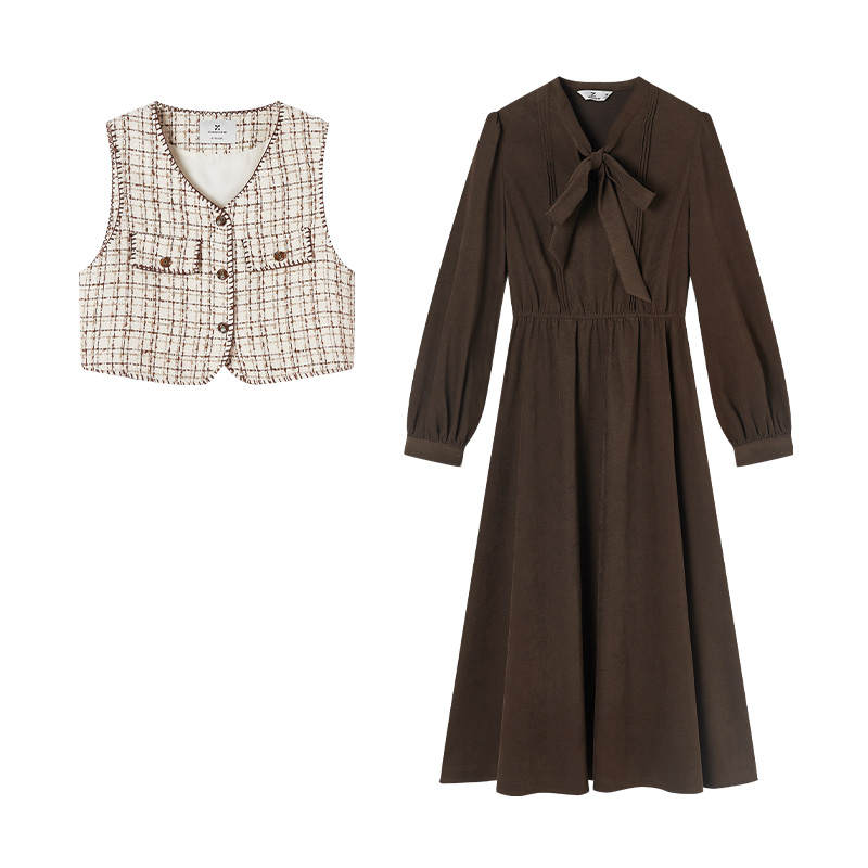 XIANGYING Two Piece Skirt Sets Women's Coffee V Neck Moderate Mid Length