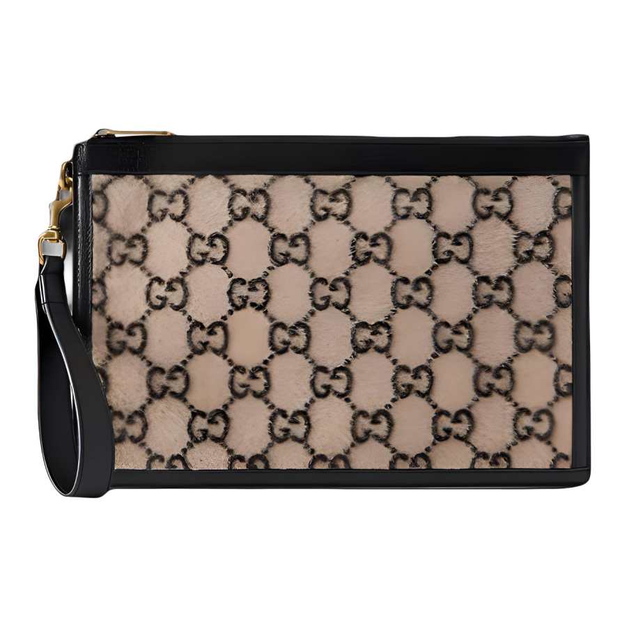 GUCCI GUCCI Wool Patchwork Leather Clutch Unisex Beige/Black