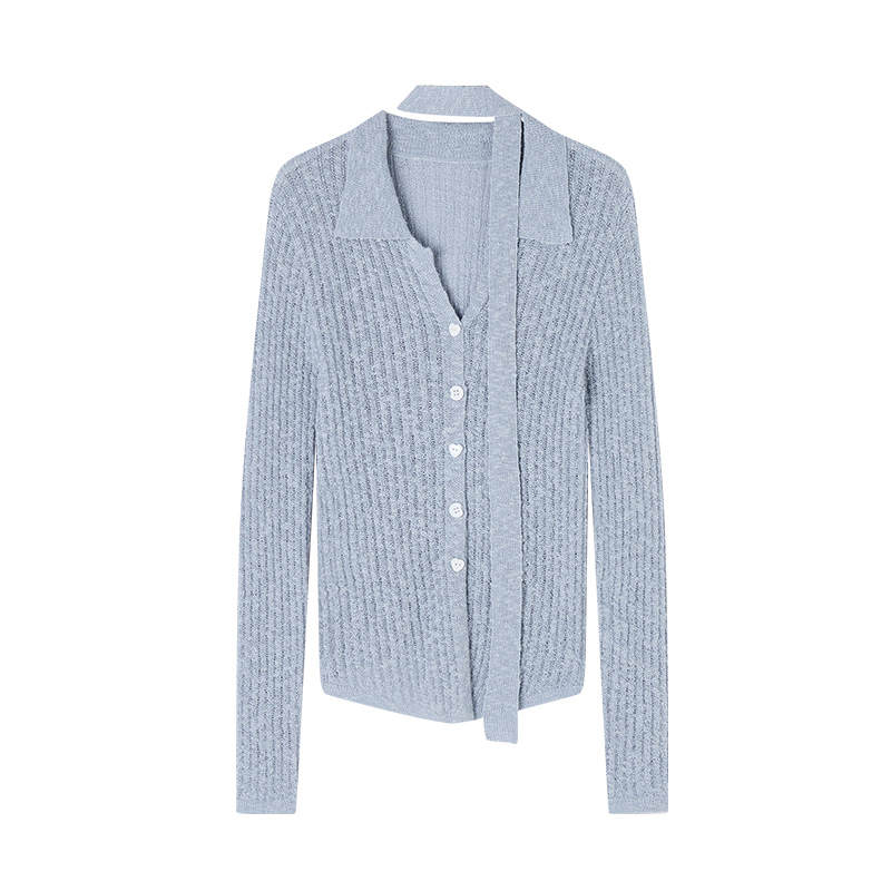 XIANGYING Knitwear Women's Nautical Blue V Neck Moderate Cardigan