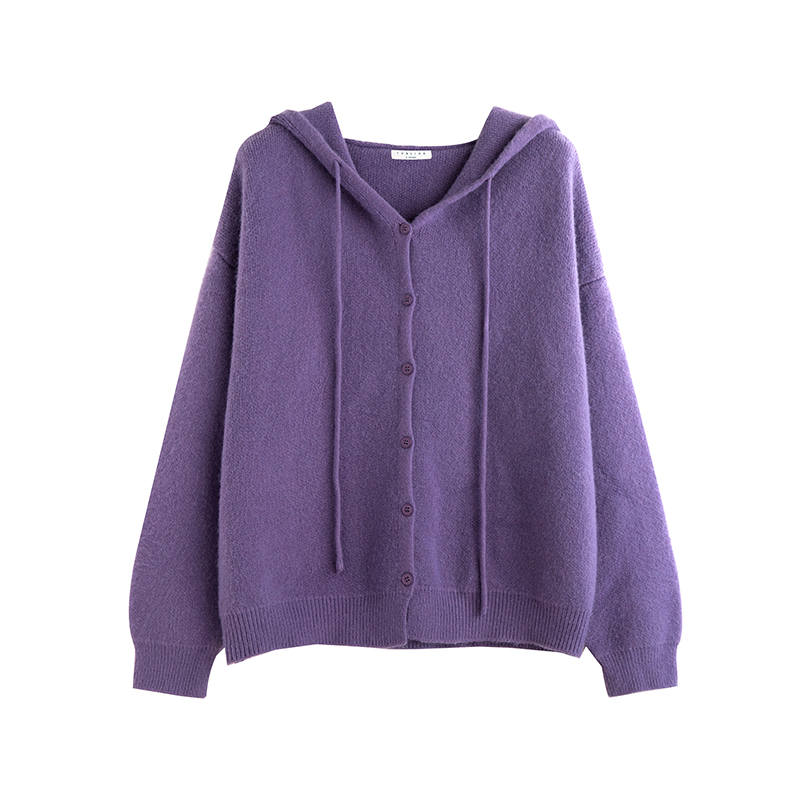 Tonlion Knitwear Women's Purple Hooded Moderate Cardigan