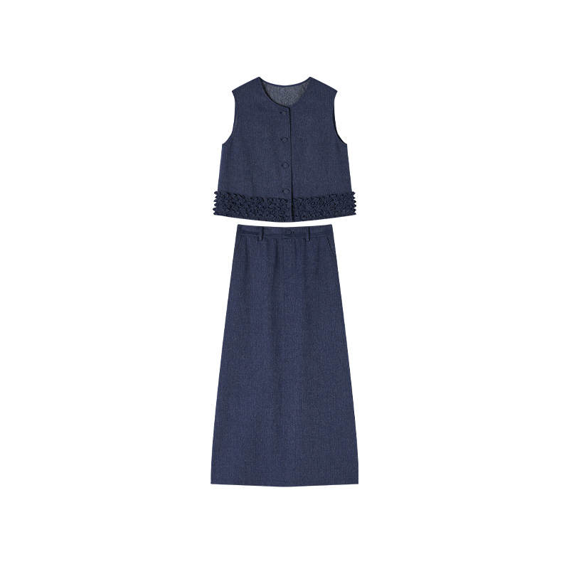 XIANGYING Two Piece Skirt Sets Women's Nautical Blue Crew Neck Moderate Long